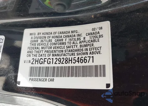 2008 Honda Civic Ex-L from USA, damaged, VIN 2HGFG12928H546671
